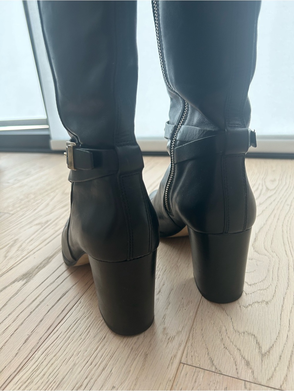 Michael Kors Black Leather Knee-High Buckle Heeled Boots - Picture 5 of 7